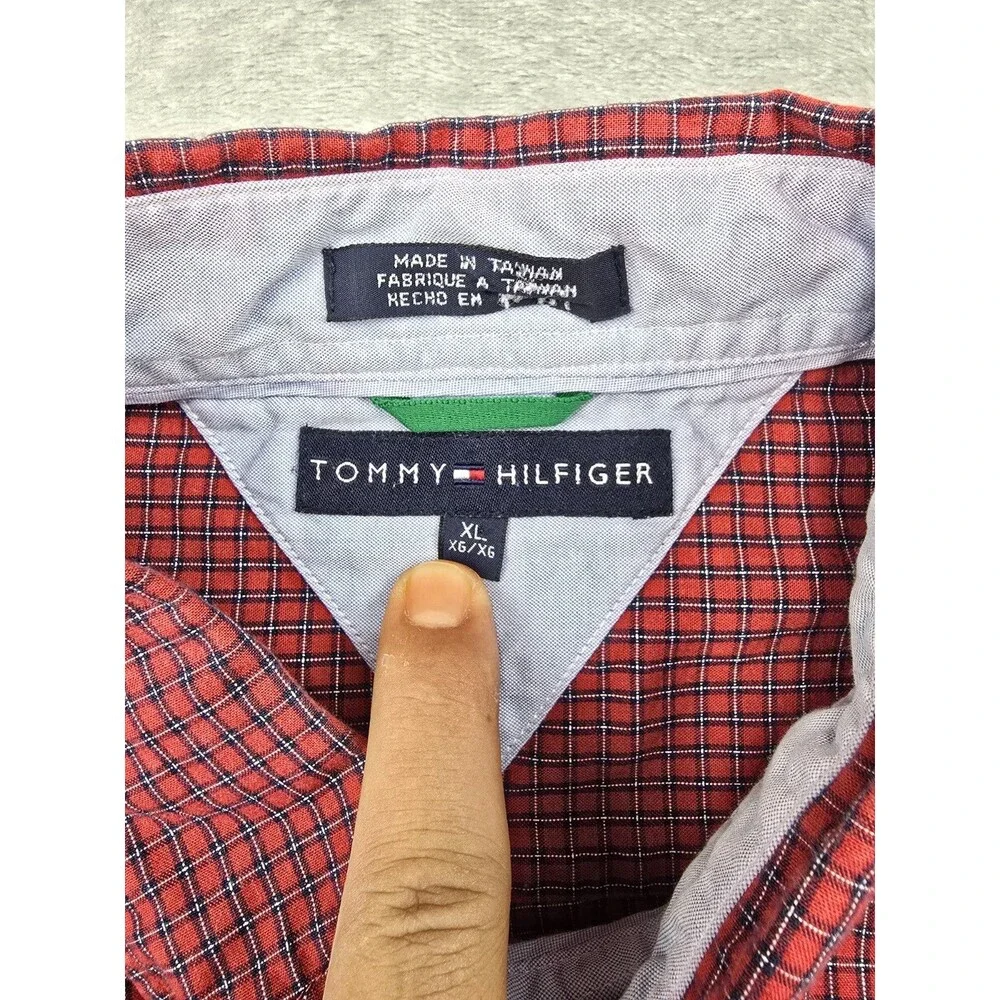 Tommy Hilfiger Shirt Mens XL Red Houndstooth Pocket Button Down